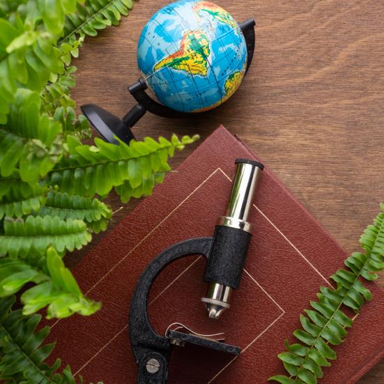 Bog med mikroskop liggende ovenpå. Ved siden af ses en lille globus, og en bregne.