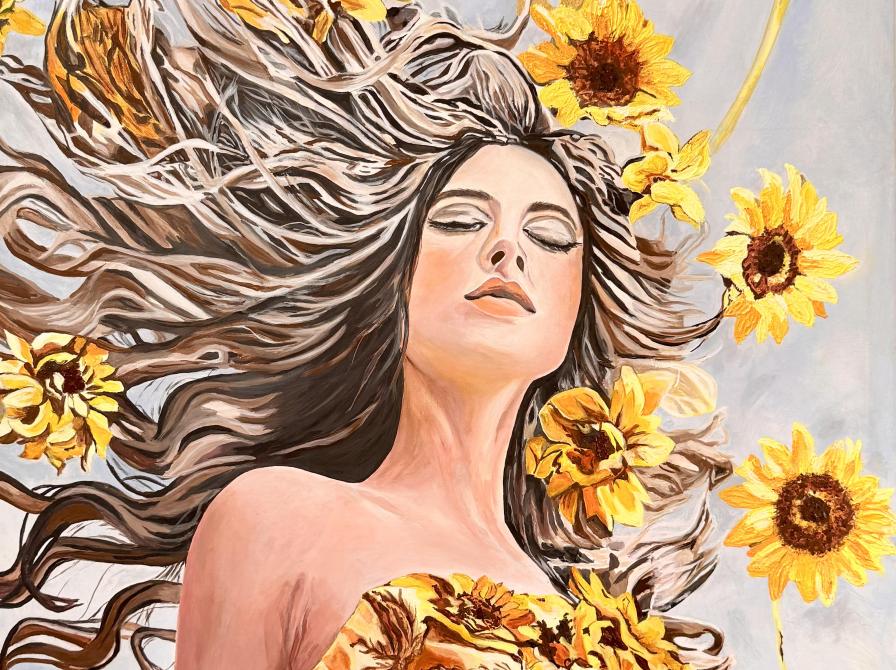 Maleri af Rojvan Kandan, der forestiller en kvinde klædt i gult, med solsikker svævende omkring hende.