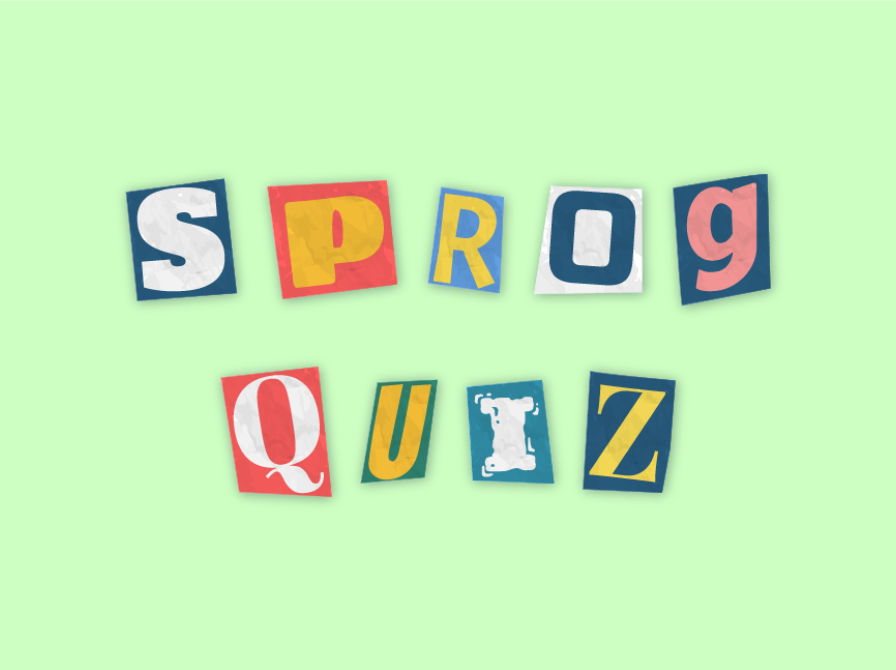 Udklippede bogstaver, der danner ordet "sprogquiz" på en lysegrøn baggrund.